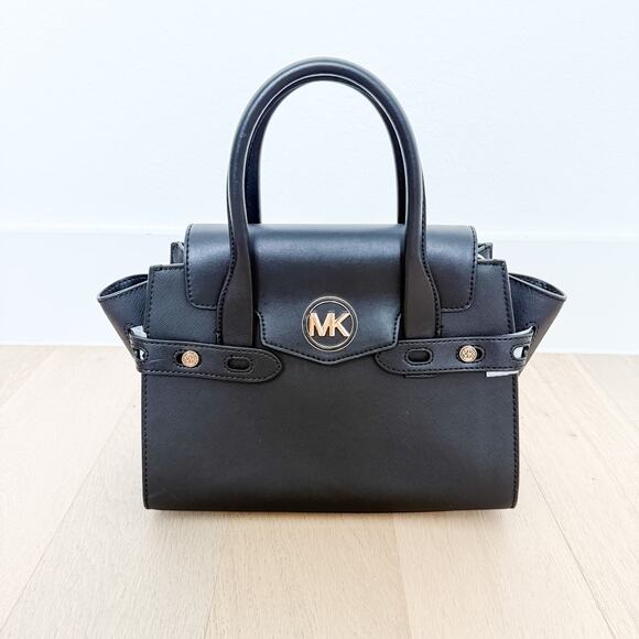 Michael Kors Satchel Black Carmen Medium‎ Belted Flap Saffiano Leather Purse - Picture 1 of 14